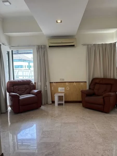 Living features: two brown leather armchairs, white side table, marble tile flooring, wall-mounted split AC, floor-to-ceiling windows, sheer curtains, cream painted walls, recessed downlights; style: modern.