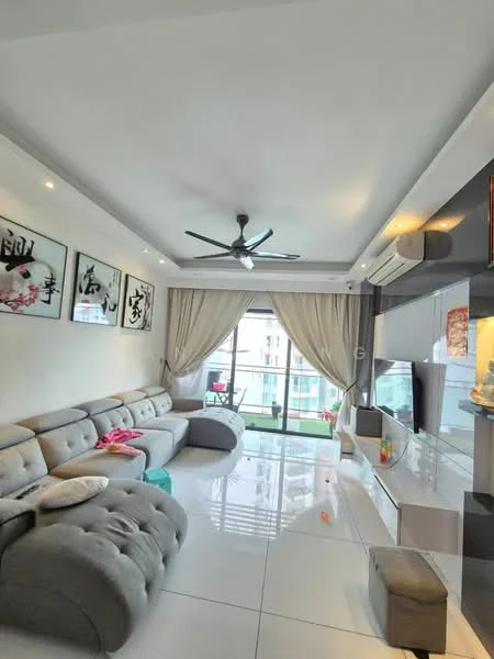 Living features: L-shape sectional sofa in grey, white glossy tile flooring, tray ceiling with recessed downlights, 5-blade ceiling fan with light, floor-to-ceiling windows, sheer curtains, wall-mounted TV, TV console with storage, decorative wall art, decorative items on shelves, open balcony view; style: modern; view: city.