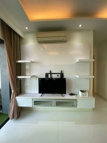 Living features: white wall-mounted TV console, black wall-mounted TV, shelves on wall, air conditioning unit, recessed lighting, cream curtains, white tiled flooring, greenery visible through glass door; style: modern; view: garden.