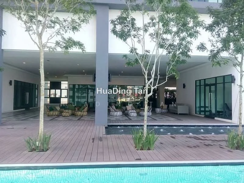 Exterior type: clubhouse; features: outdoor seating area with lounge chairs, wooden deck flooring, landscaped area with plants, swimming pool with water feature, large glass windows, modern architectural design; style: modern.