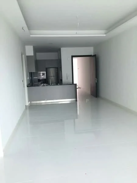Living features: white painted walls, glossy white tile flooring, recessed ceiling with lighting, open layout, floor-to-ceiling windows, kitchenette with grey cabinetry, stainless-steel appliances, door leading to another room; style: modern.