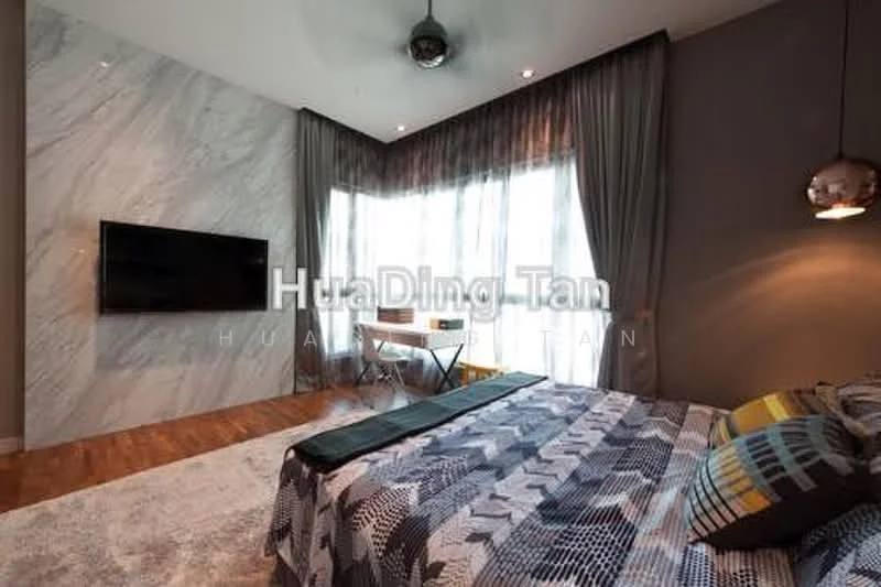 Bedroom features: king-size bed, upholstered headboard, decorative throw pillows, wall-mounted TV, floor-to-ceiling windows, sheer curtains, dark grey accent wall with marble finish, wooden flooring, area rug with geometric pattern, pendant light, study desk, chair; style: modern.