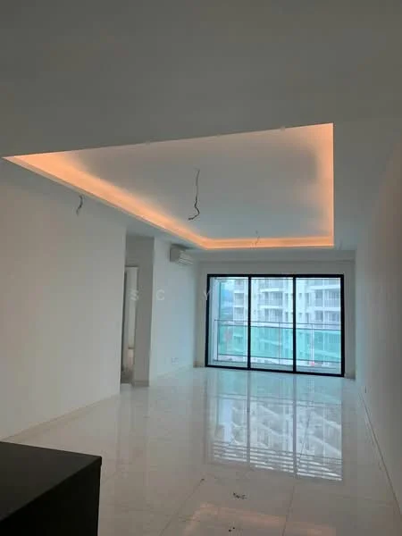 Living features: white painted walls, polished marble flooring, tray ceiling with LED strip lighting, floor-to-ceiling windows, sliding glass door, air conditioning unit, open layout, natural light from windows; style: modern; view: city.