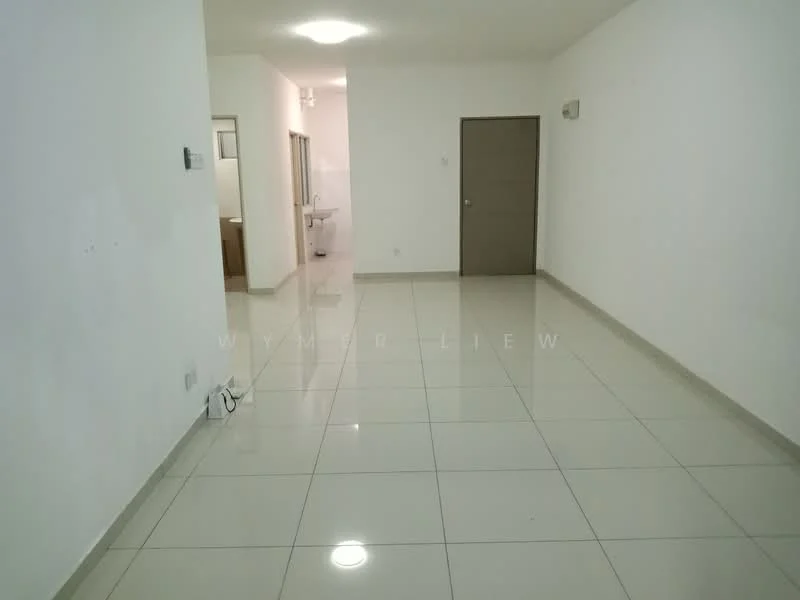 Room features: white painted walls, glossy ceramic tile flooring, recessed ceiling lights, 1 wall-mounted split AC, door leading to another room, open space layout; style: modern.