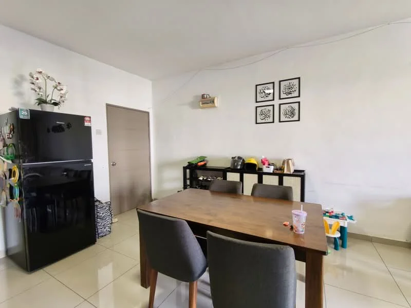 Dining features: dark wooden dining table, 4 grey upholstered dining chairs, black refrigerator, white painted walls, glossy tile flooring, decorative wall art, open shelving unit, children's toys on shelving unit; style: modern.