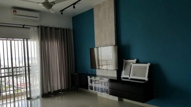 Living features: blue accent wall, light grey feature wall, floor-to-ceiling windows, sheer curtains, grey blackout curtains, wall-mounted TV, black TV console, recessed LED downlights, ceiling fan, polished tile flooring, decorative artwork frames; style: modern; view: city.