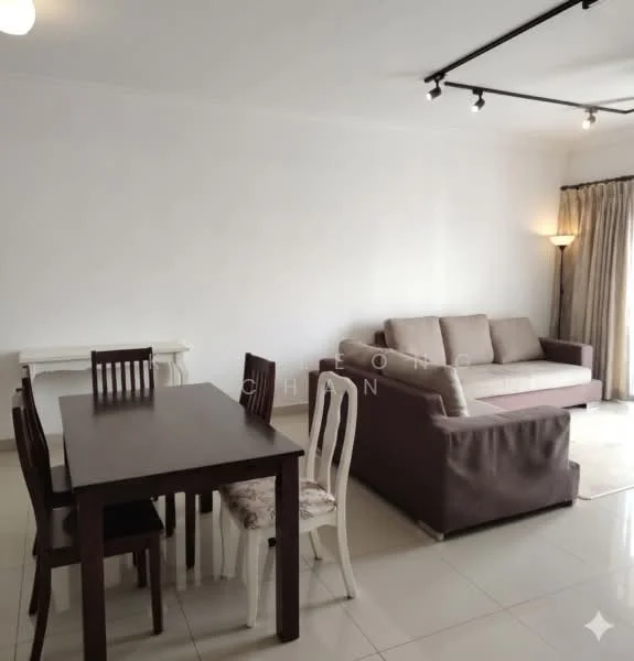 Living features: white painted walls, glossy tile flooring, sofa in brown fabric, 3-seater sofa, floor lamp, curtains in neutral color, ceiling track lighting, dining table in dark wood, 4 dining chairs, 1 side table in white, decorative wall art; style: modern.