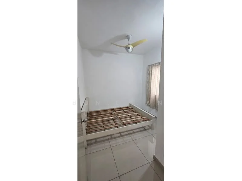 Bedroom features: white painted walls, glossy ceramic tile flooring, ceiling fan with light, window with sheer curtains, unframed bed frame with slats.