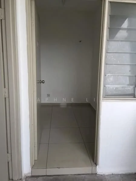 Room features: white painted walls, tile flooring, single door, window with horizontal slats, light fixture on ceiling.