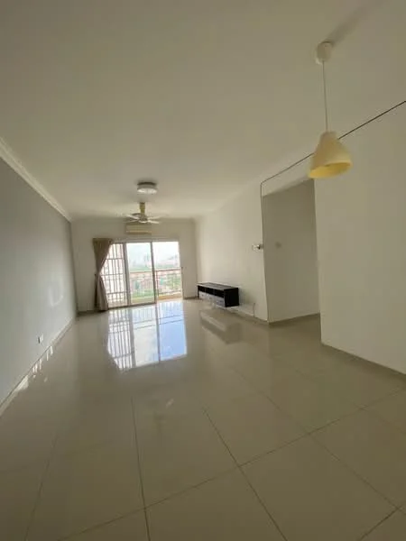 Living features: white painted walls, grey accent wall, glossy ceramic tile flooring, 5-blade ceiling fan with light, pendant light, floor-to-ceiling windows, curtains, TV console, open space layout; style: modern; view: city.