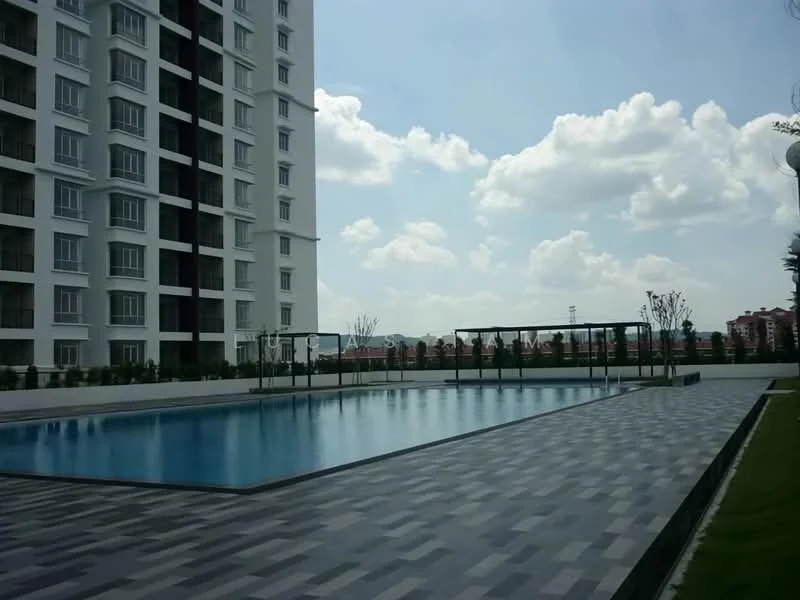 Exterior type: high-rise condominium; features: infinity pool, pool deck with loungers, landscaped garden, manicured lawn, paved walkway, surrounded by greenery, multiple levels of balconies, modern facade with large windows; style: modern.