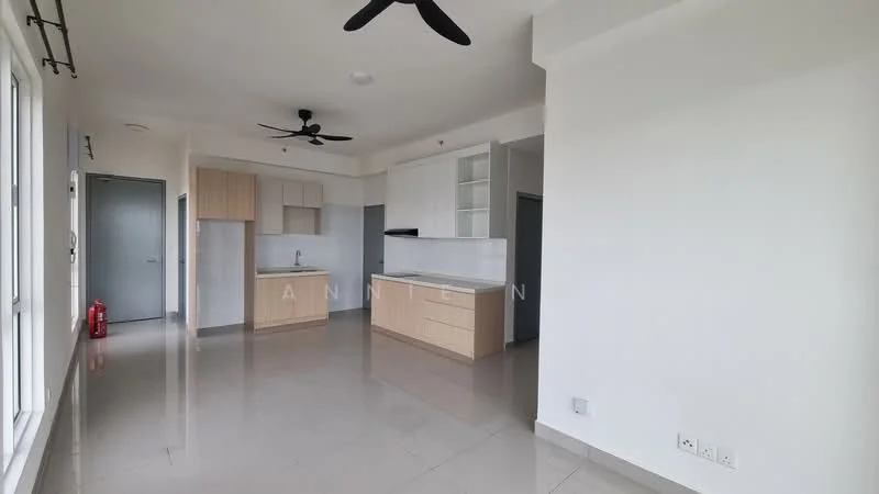 Kitchen features: white painted walls, grey tiled flooring, ceiling fan, kitchen island, built-in cabinets, stainless-steel sink, countertop with backsplash, open layout; style: modern. Living features: white painted walls, grey tiled flooring, ceiling fan, large windows, open layout; style: modern.