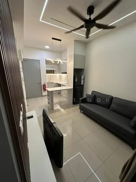 Living features: grey fabric sofa, wall-mounted TV, TV console, recessed LED downlights, ceiling fan, tile flooring, white painted walls, kitchen island with countertop, stainless-steel fridge, kitchen cabinetry, open-plan layout; style: modern.