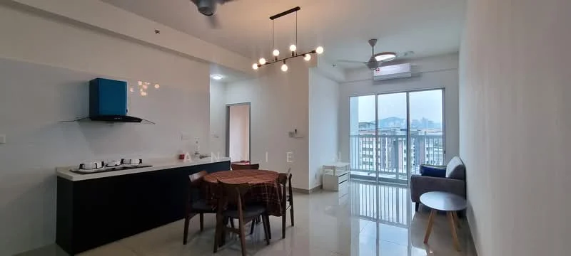 Kitchen features: white painted walls, polished tile flooring, kitchen island with seating, black cabinetry, blue wall-mounted range hood, 4-burner gas hob, refrigerator, pendant lighting, ceiling fan, floor-to-ceiling windows, city view; style: modern; view: city. Dining features: round dining table, upholstered dining chairs, decorative light fixture; style: modern; view: city. Living features: sofa, side table, floor-to-ceiling windows, city view; style: modern; view: city.
