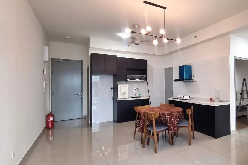 Kitchen features: white tiled walls, grey cabinetry, stainless-steel sink, chrome pull-down faucet, built-in stove, microwave, refrigerator, dining table with four chairs, pendant lighting, ceramic tile flooring, fire extinguisher, open layout; style: modern.
