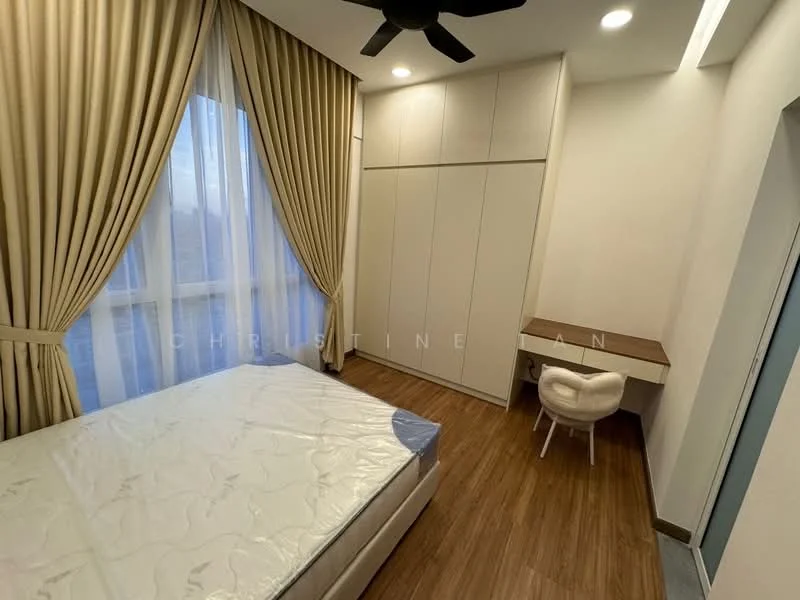 Bedroom features: queen-size bed with mattress, built-in wardrobe with sliding doors, study desk with chair, wooden flooring, floor-to-ceiling windows, sheer curtains, 5-blade ceiling fan with light, recessed downlights; style: modern.