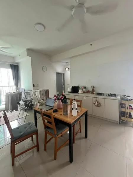 Kitchen features: white painted walls, glossy tile flooring, ceiling fan, recessed downlights, kitchen cabinets with flat-panel design, stainless-steel gas hob, built-in microwave, kitchen island with dining table, wooden dining chairs, decorative vase with flowers, open shelving, window with sheer curtains; style: modern; view: city.