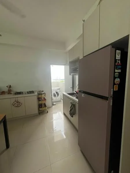 Kitchen features: light-colored cabinetry, stainless-steel refrigerator, built-in oven, 4-burner gas hob, white backsplash, countertop with overhang, double-basin sink, window with natural light, tile flooring, open layout, kitchen island, laundry area visible, wall-mounted cabinets; style: modern.
