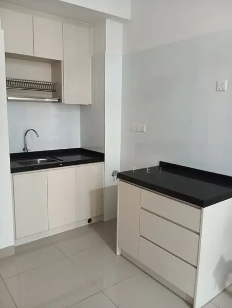 Kitchen features: single-bowl stainless-steel sink, chrome pull-down faucet, black granite countertop, white cabinetry with flat-panel doors, open shelving above sink, tile backsplash, ceramic tile flooring, recessed lighting; style: modern.