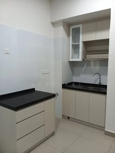 Kitchen features: black granite countertop, light beige cabinetry, single-bowl stainless-steel sink, chrome pull-down faucet, built-in upper cabinets with glass front, open shelving, tile backsplash, ceramic tile flooring, wall-mounted electrical outlet, under-cabinet lighting; style: modern.