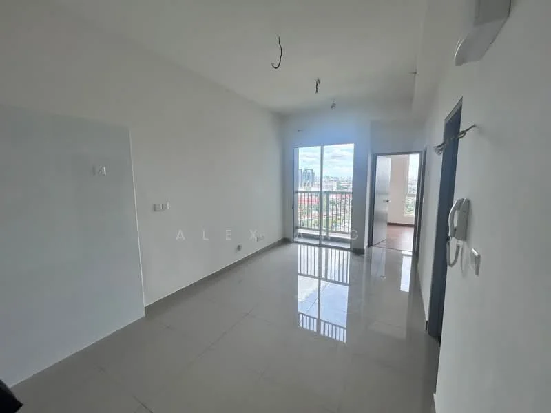 Room features: white painted walls, glossy tile flooring, large windows with city view, sliding glass door, balcony access, ceiling lights, door frame, window frame; style: modern; view: city.