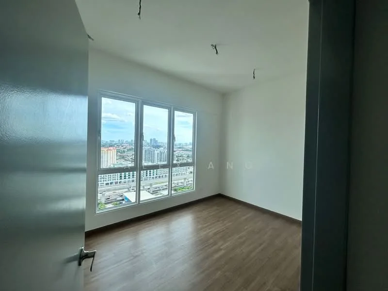 Bedroom features: large floor-to-ceiling windows, white painted walls, laminate flooring, city view, no visible ceiling fixtures, neutral color scheme; style: modern; view: city.