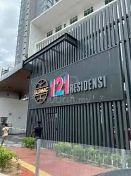 Exterior features: modern facade, black painted surface, large signage with '121 RESIDENSI', wooden slat design, landscaped entrance, paved walkway, surrounding greenery; style: modern.