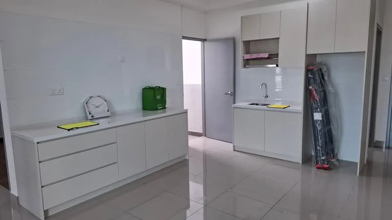 Kitchen features: white cabinetry, flat-panel cabinets, marble tile flooring, single-bowl stainless-steel sink, chrome pull-down faucet, countertop with space for appliances, built-in oven, open shelving, wall-mounted cabinet, window for natural light; style: modern.