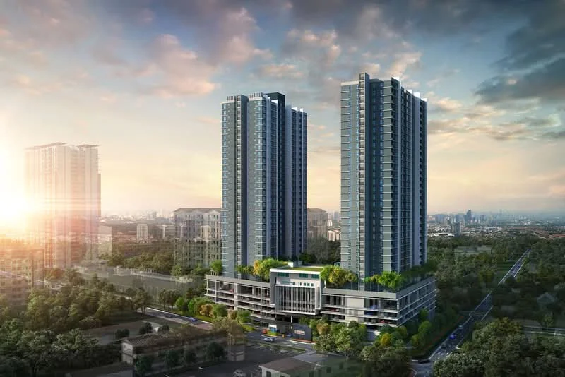 Exterior type: high-rise condominium; features: glass curtain wall, two tall towers, greenery on rooftop, surrounding landscaping, manicured lawn, urban skyline in background, multiple levels of parking, balconies on upper floors, modern architectural design, sunset lighting, adjacent road, surrounded by trees; style: modern.