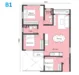 Floor plan: 2-bedroom 1-bathroom unit; features: open-plan kitchen-dining-living, master bedroom with ensuite bathroom, bedroom 2 with shared bathroom, balcony off living room, utility room, central foyer, 1 car porch.