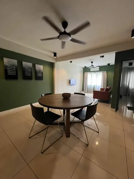 Dining features: round dining table, 4 black upholstered dining chairs, green accent wall, white painted walls, tile flooring, ceiling fan with light, recessed lighting, framed artwork on walls; style: modern. Living features: sofa in red fabric, wall-mounted TV, floor-to-ceiling windows with sheer curtains; style: modern.