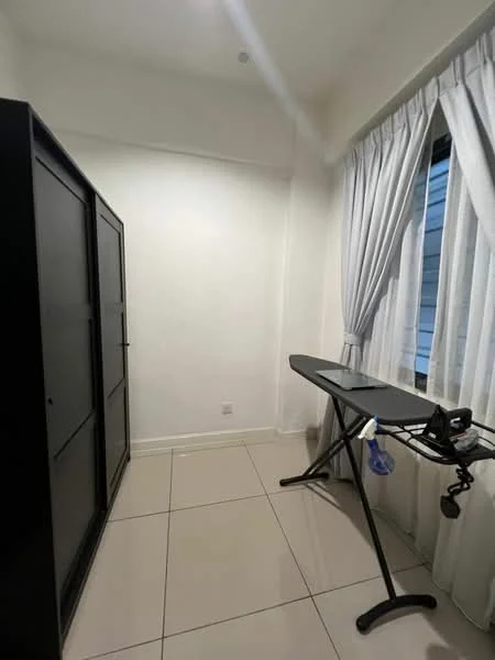 Room features: white painted walls, glossy tile flooring, floor-to-ceiling window, sheer curtains, black wardrobe, ironing board, iron, light fixture; style: modern.