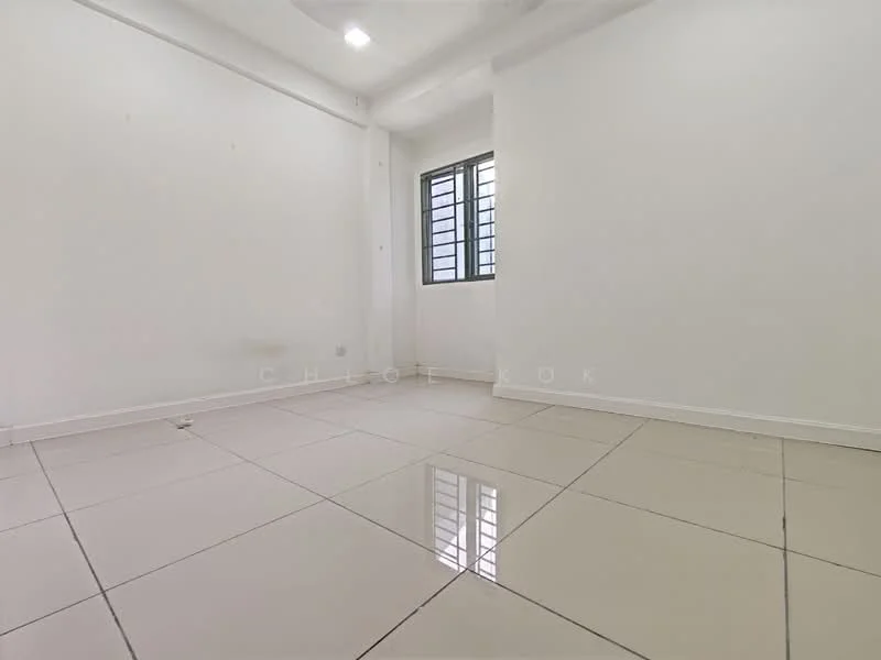 Room features: white painted walls, glossy tile flooring, square layout, single window with metal grille, ceiling lights, neutral color scheme; style: modern.