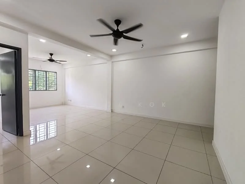 Living features: white painted walls, glossy ceramic tile flooring, 2 ceiling fans, recessed downlights, large windows, natural light, open layout, neutral color scheme; style: modern.