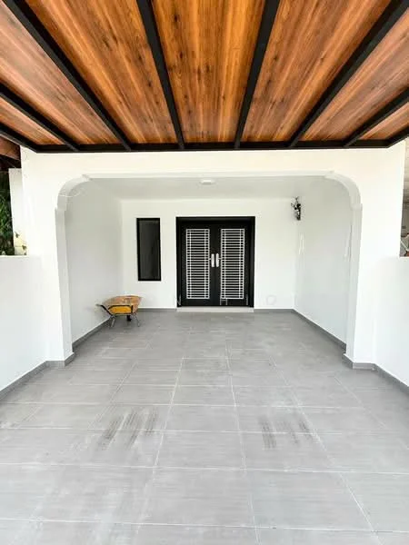 Exterior features: flat roof with wooden beams, grey tiled flooring, white painted walls, double doors with black finish, window with horizontal slats, wheelbarrow visible, arched entryway, outdoor space; style: modern.