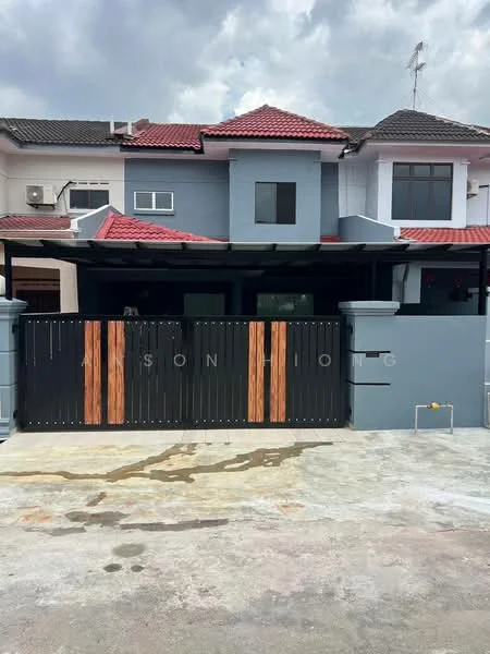 Exterior type: semi-detached house; features: grey painted facade, red tiled roof, wooden gate with vertical slats, driveway with concrete surface, two-storey structure, multiple windows, air conditioning unit visible, front porch area; style: modern.