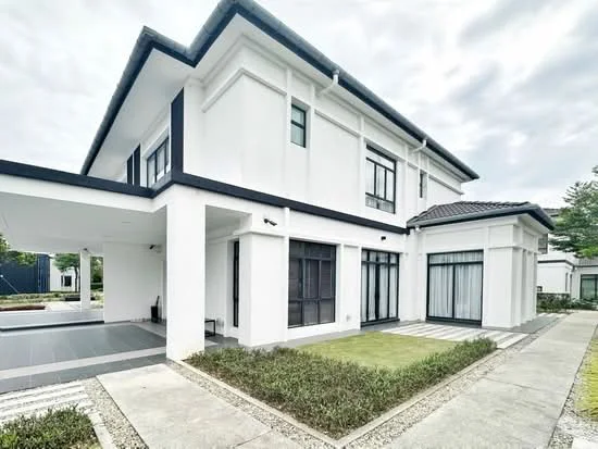 Exterior type: detached bungalow; features: white painted facade, flat roof, large windows, manicured lawn, stone-paved walkway, covered car porch, landscaped garden, two-storey structure; style: modern.