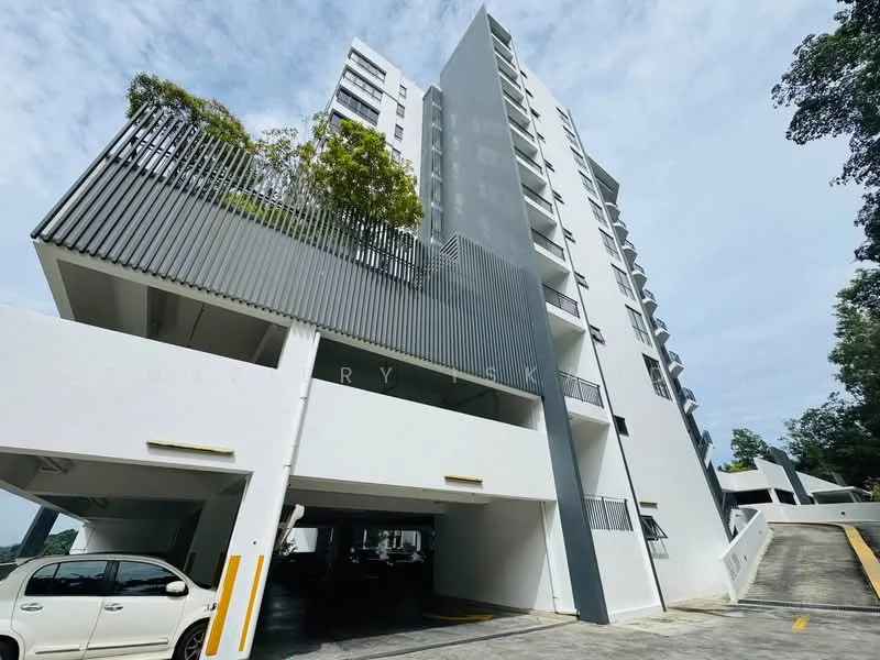 Exterior type: mid-rise condominium; features: white painted facade, grey metal cladding, recessed balconies, approximately 6-storey, landscaped terrace with trees, open-air parking lot, driveway with interlocking pavers; style: modern.