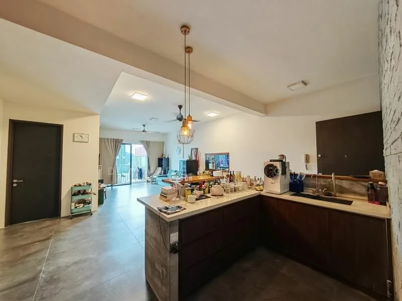 Kitchen features: L-shaped kitchen countertop, dark wood cabinetry, stainless-steel sink, chrome pull-down faucet, built-in coffee machine, microwave, kitchen island with seating, pendant light fixture, tile backsplash, grey ceramic tile flooring, recessed ceiling lights, open layout to living area, floor-to-ceiling windows, sliding glass door leading to balcony; style: modern; view: garden. Living features: sofa, coffee table, TV console, area rug, ceiling fan, curtains, open layout to kitchen; style: modern; view: garden.