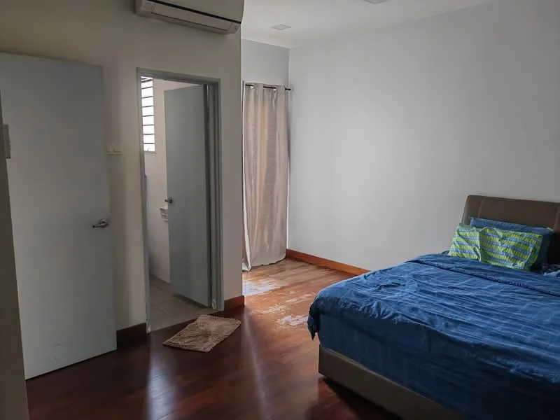 Bedroom features: wooden flooring, white painted walls, queen-size bed with upholstered headboard, blue bedding, two decorative pillows, curtains, floor-to-ceiling window, door leading to bathroom, area rug, air conditioning unit; style: modern.