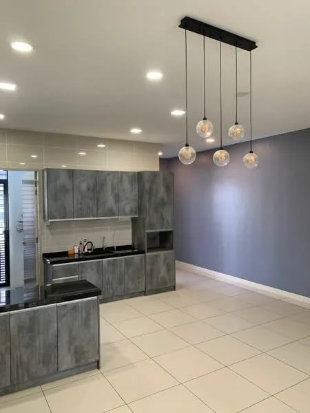 Kitchen features: grey cabinetry with flat-panel doors, black countertop, stainless-steel sink, chrome pull-down faucet, built-in oven, freestanding range oven, pendant lighting with glass globes, white tiled backsplash, large floor tiles, recessed LED downlights, open layout, sliding glass door leading outside; style: modern.