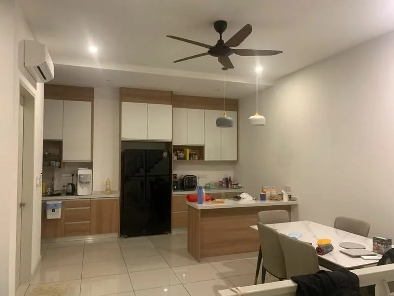 Kitchen features: white upper cabinets, wood lower cabinets, black refrigerator, built-in oven, stainless-steel sink, chrome pull-down faucet, white countertop, pendant lighting, 5-blade ceiling fan with light, tile flooring, open layout to dining area, kitchen island with seating; style: modern.