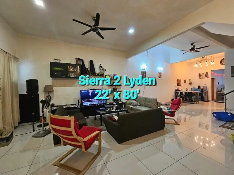 Living features: white painted walls, polished tile flooring, 5-blade ceiling fan, sofa in grey, 2-seater fabric sofa, coffee table, TV console, wall-mounted TV, decorative wall shelves, area rug, floor lamp, curtains, decorative artwork; style: modern.
