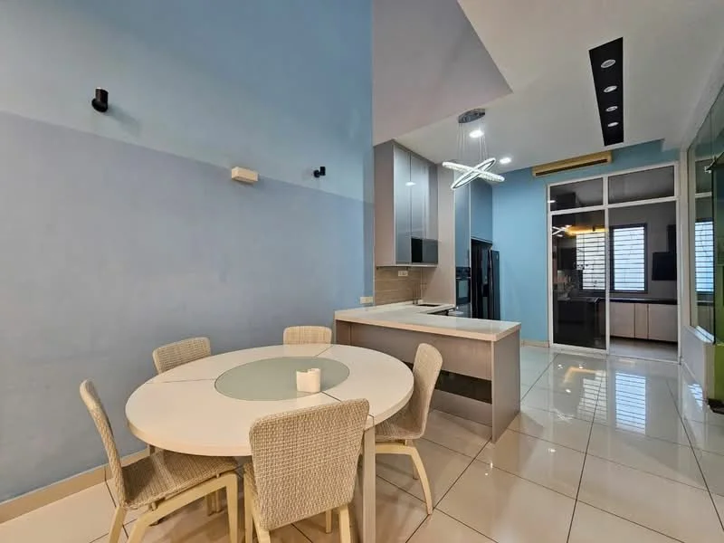 Dining features: round dining table, 4 upholstered dining chairs, light blue painted walls, white ceiling, recessed downlights, pendant light fixture, glossy tile flooring, kitchen island with countertop, built-in cabinetry, black refrigerator, window with blinds; style: modern.