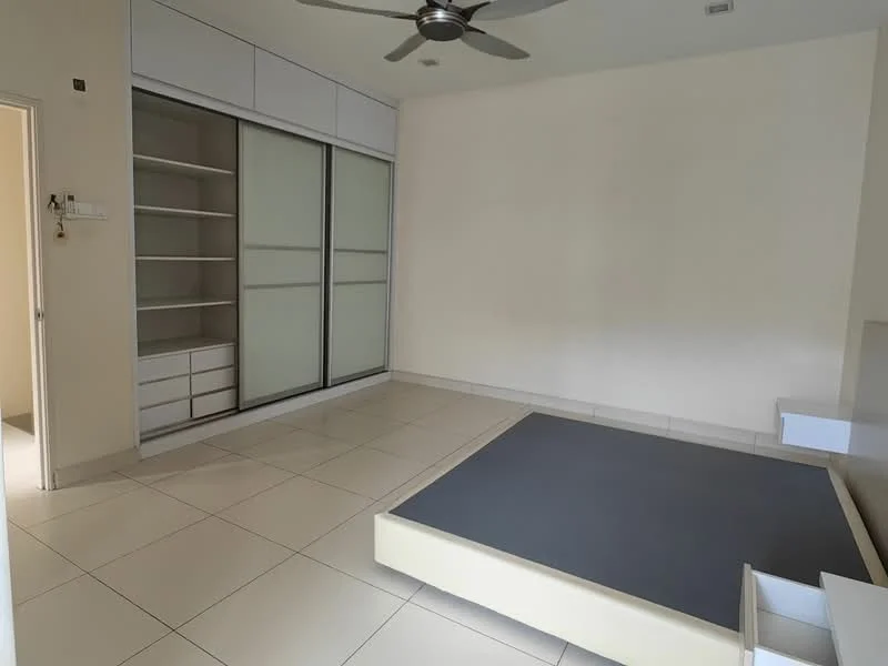 Bedroom features: built-in wardrobe with sliding doors, white painted walls, tile flooring, ceiling fan, window with natural light, empty space for bed, shelves in wardrobe, neutral color scheme; style: modern.
