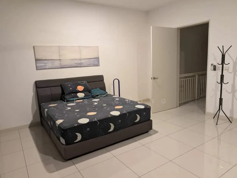 Bedroom features: queen-size bed with patterned bedding, white painted walls, glossy tile flooring, framed artwork on wall, floor-to-ceiling window, built-in wardrobe, door leading to hallway, clothes rack, nightstand; style: modern.