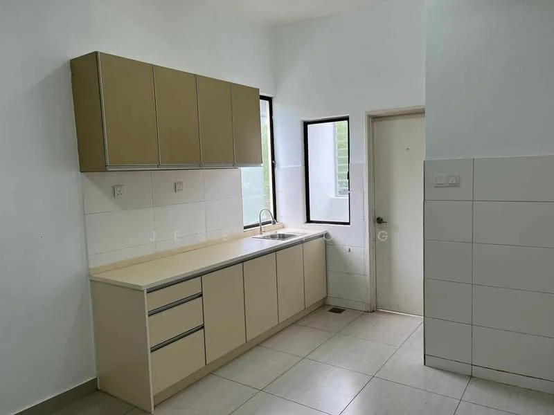 Kitchen features: light beige cabinetry, single-bowl stainless-steel sink, chrome pull-down faucet, white countertop, white tiled backsplash, white tiled walls, large window for natural light, door leading to outside, ceramic tile flooring, built-in cabinets, under-cabinet lighting; style: modern.