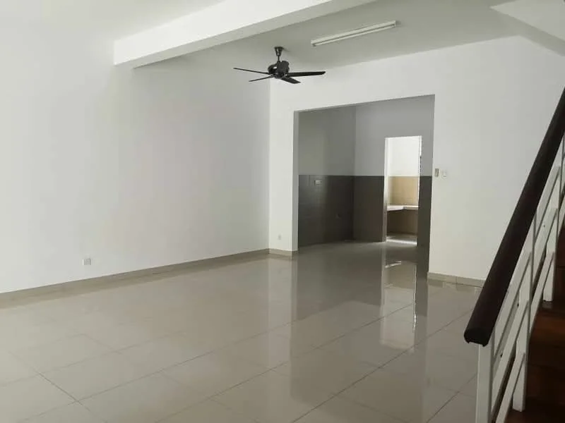 Living features: white painted walls, glossy ceramic tile flooring, 5-blade ceiling fan with light, large windows for natural light, open layout, staircase leading to upper level, neutral color scheme, recessed ceiling lights; style: modern. Kitchen features: white tiled walls, ceramic tile flooring, kitchen area visible in background.