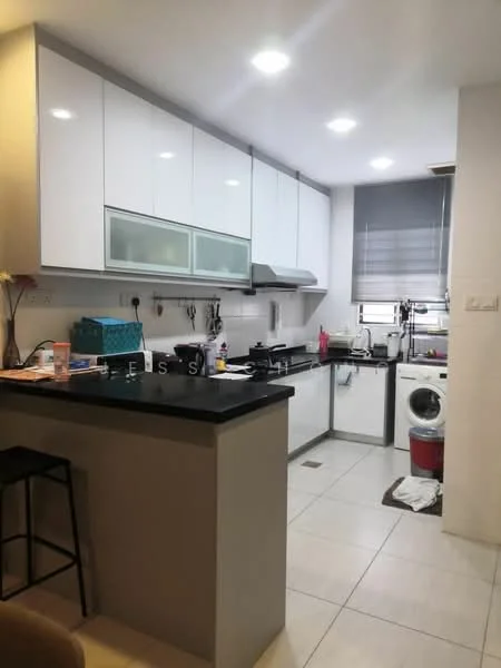 Kitchen features: white flat-panel cabinets, black countertop, stainless-steel sink, chrome pull-down faucet, built-in stove, built-in oven, microwave, washing machine, tile flooring, recessed LED downlights, window with roller blinds, kitchen utensils on countertop, open shelving, bar seating area; style: modern.