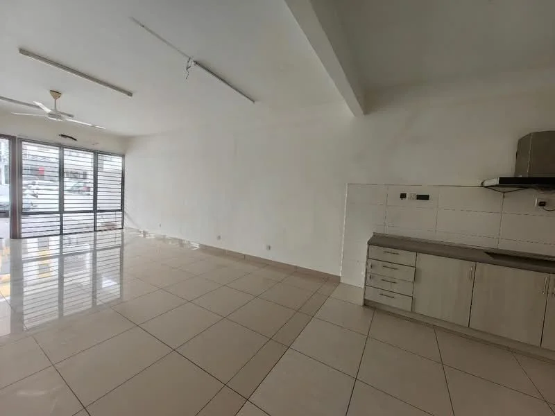 Living features: white painted walls, glossy tile flooring, 5-blade ceiling fan, floor-to-ceiling windows, sliding glass door, kitchenette with cabinets, stainless-steel sink, countertop with backsplash; style: modern.